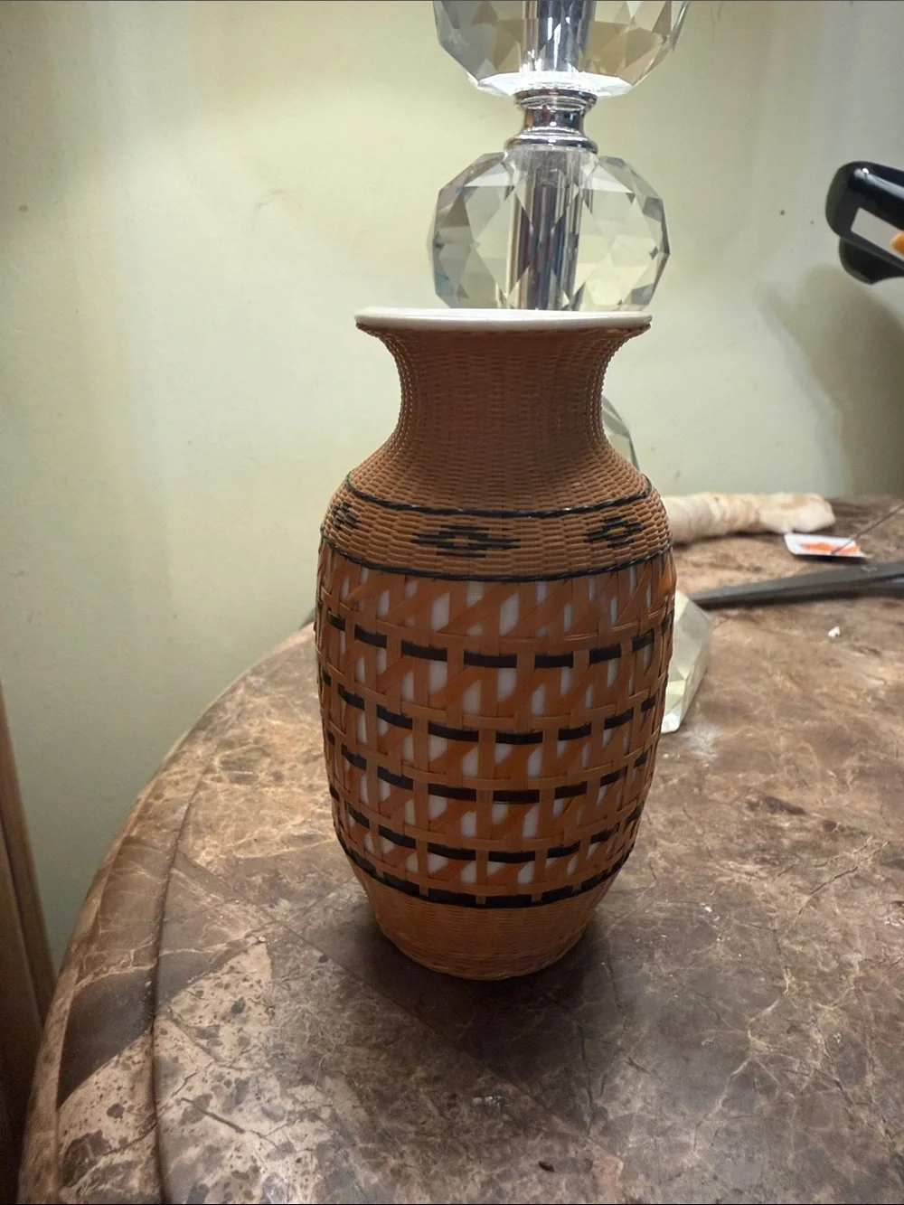 Vintage Miniature Chines Hand- Woven Bamboo  Encased Porcelain Vase Mid Cen